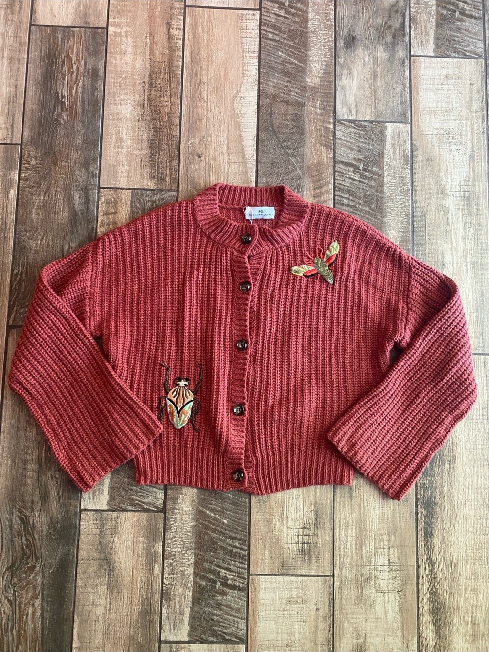 Never a wallflower Women’s rust Red Embroidered Button-Front Sweater 🆕